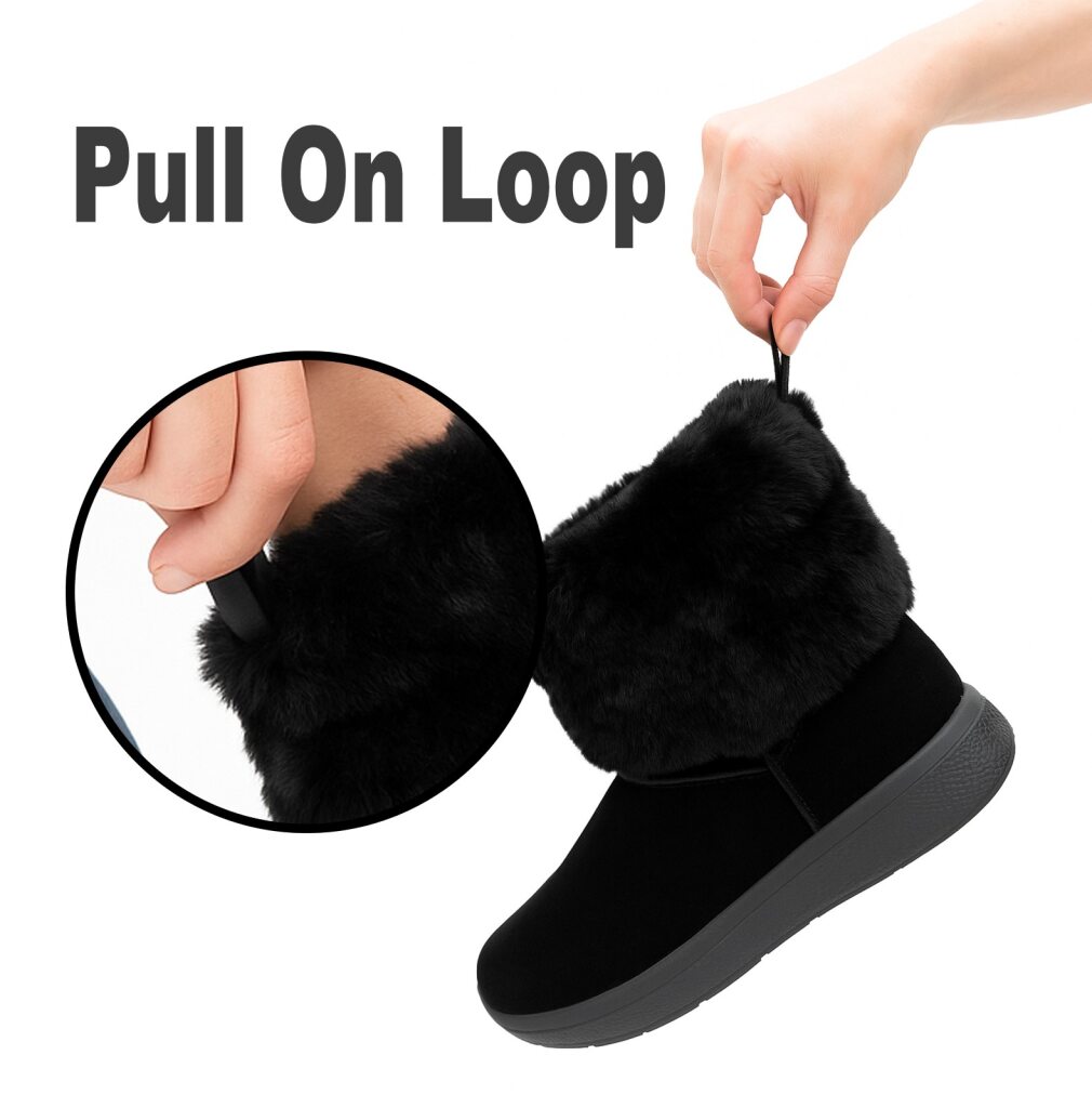 Womens Winter Boots Ladies Warm Slip On Ankle Boot Thermal Faux Suede Fur Lined Booties Black