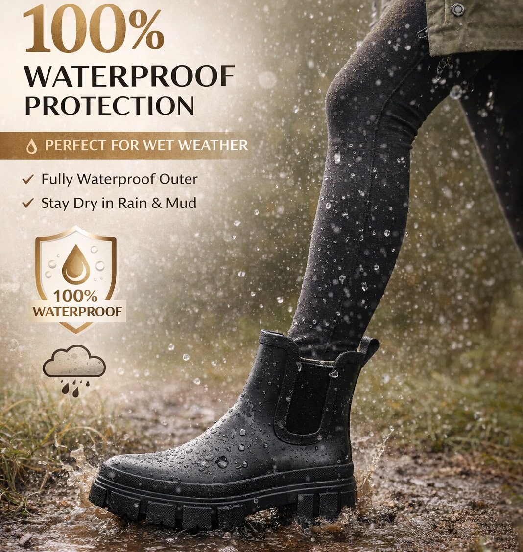 Womens Waterproof Wellies Platform Ankle Boots Chunky Sole Wellingtons Ladies Slip On Short Fashion Wellie Chelsea Rain Boots
