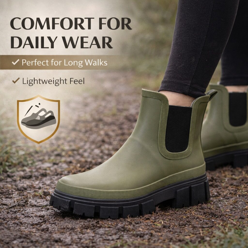 Womens Waterproof Wellies Platform Ankle Boots Chunky Sole Wellingtons Ladies Slip On Short Fashion Wellie Chelsea Rain Boots