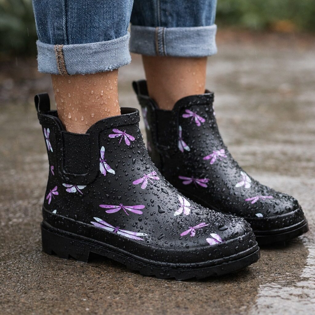 Womens Waterproof Ankle Boots Wellingtons Ladies Slip On Short Chelsea Rain Boots Festival Gardening Wellie Boots