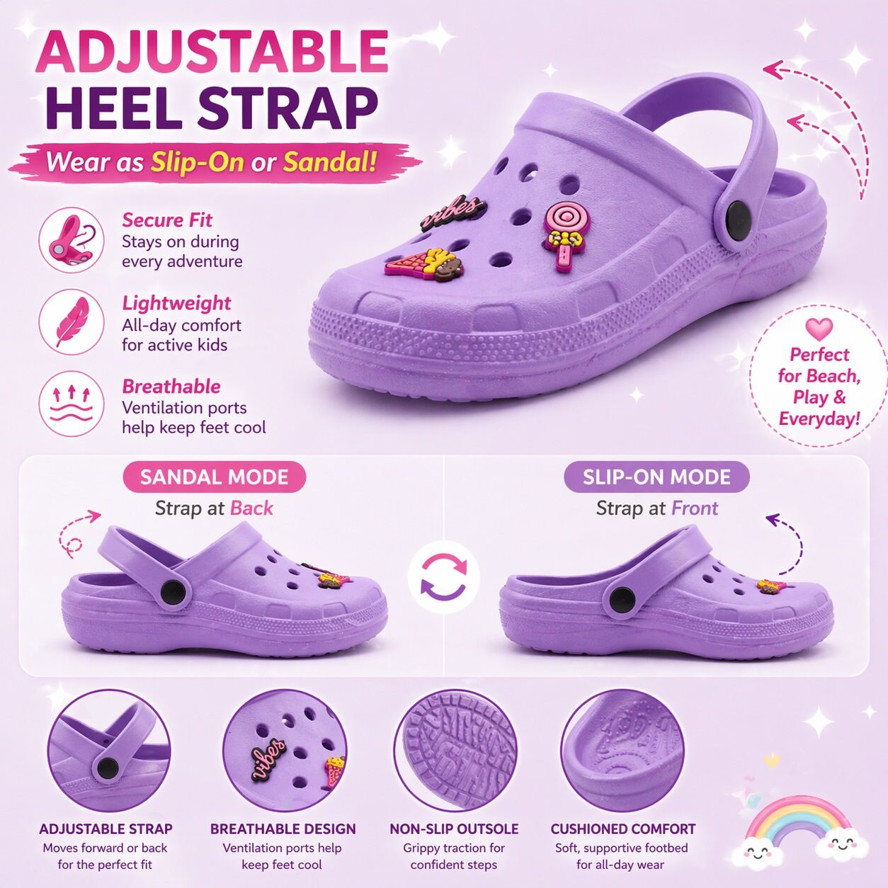 Girls Lightweight Clogs Kids Adjustable Garden EVA Glitter Charm Slippers Slip On Beach Sandals Water Shoes Leisure Pool Slides