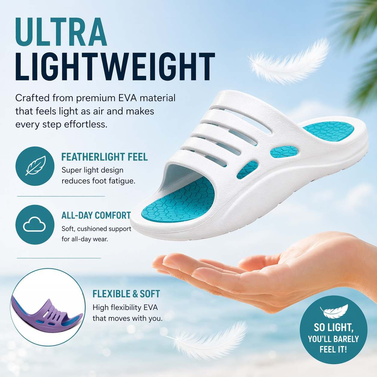 Womens Sliders Lightweight Slip On Pool Slides Ladies Bathroom Shower Spa EVA Slippers Backless Beach Flip Flops Leisure Mule Sandals
