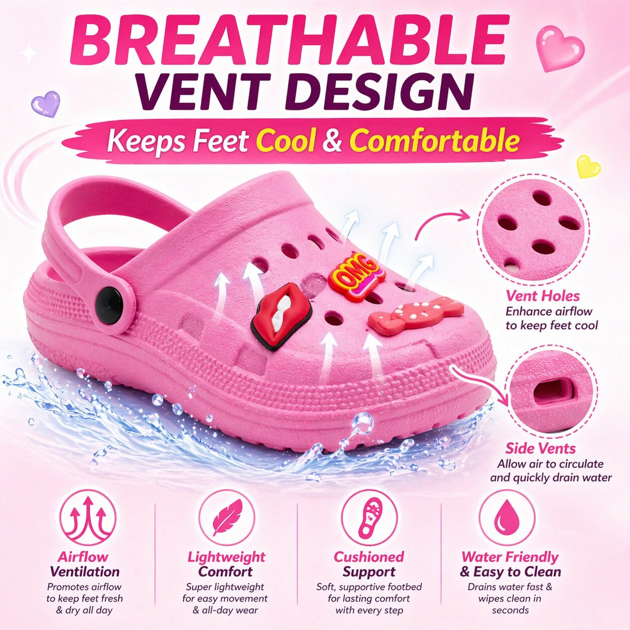 Girls Lightweight Clogs Kids Adjustable Garden EVA Glitter Charm Slippers Slip On Beach Sandals Water Shoes Leisure Pool Slides