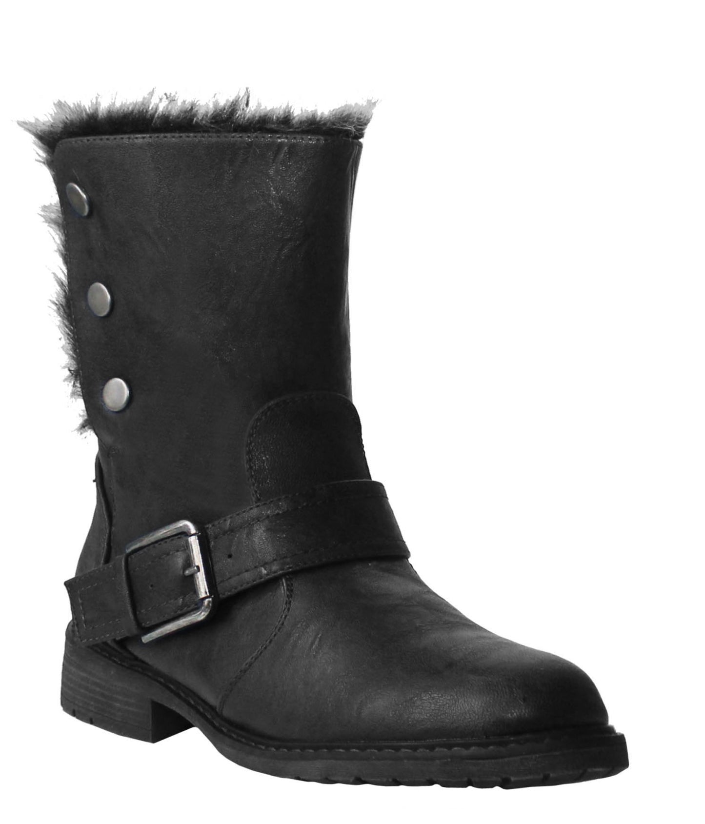 Cipriata Ladies Fold Down Faux Fur Lined Press Stud Buckle Winter Biker Ankle Black Boots