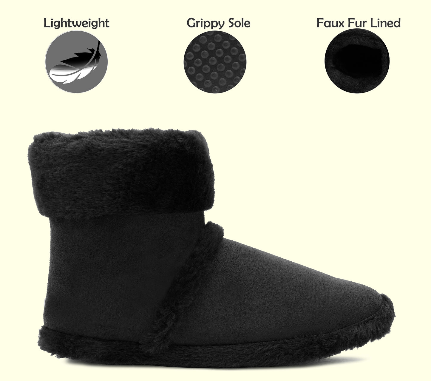 Womens Faux Fur Slipper Boots Warm Lined Ladies Plush Slippers Ankle Booties Lightweight Cosy Winter House Shoes Non-slip Sole Bootees Black