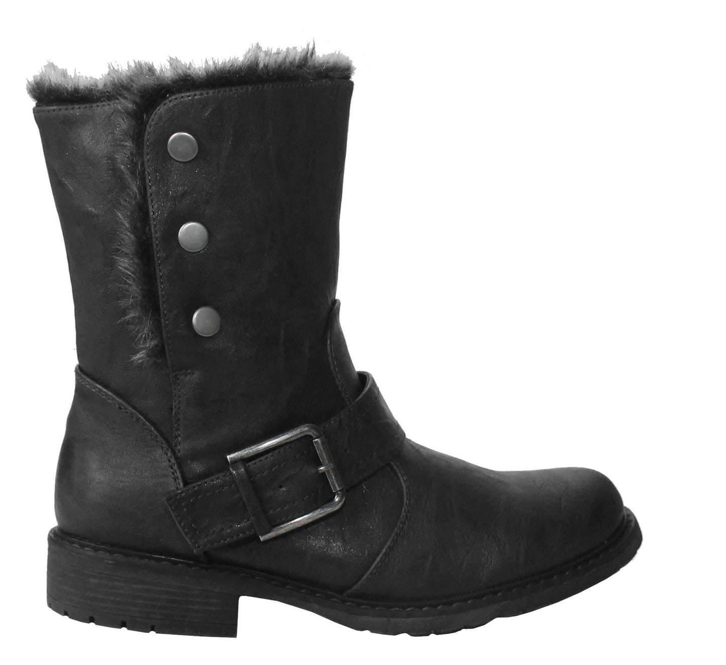 Cipriata Ladies Fold Down Faux Fur Lined Press Stud Buckle Winter Biker Ankle Black Boots