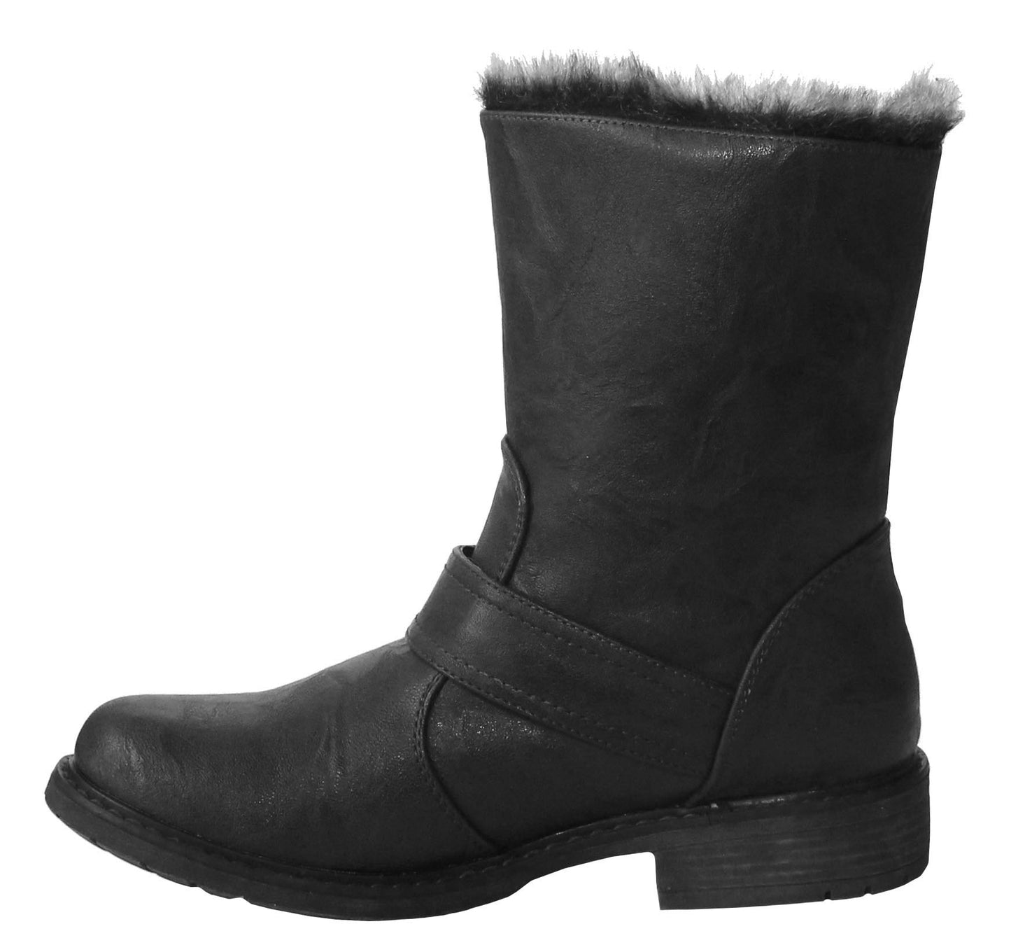 Cipriata Ladies Fold Down Faux Fur Lined Press Stud Buckle Winter Biker Ankle Black Boots