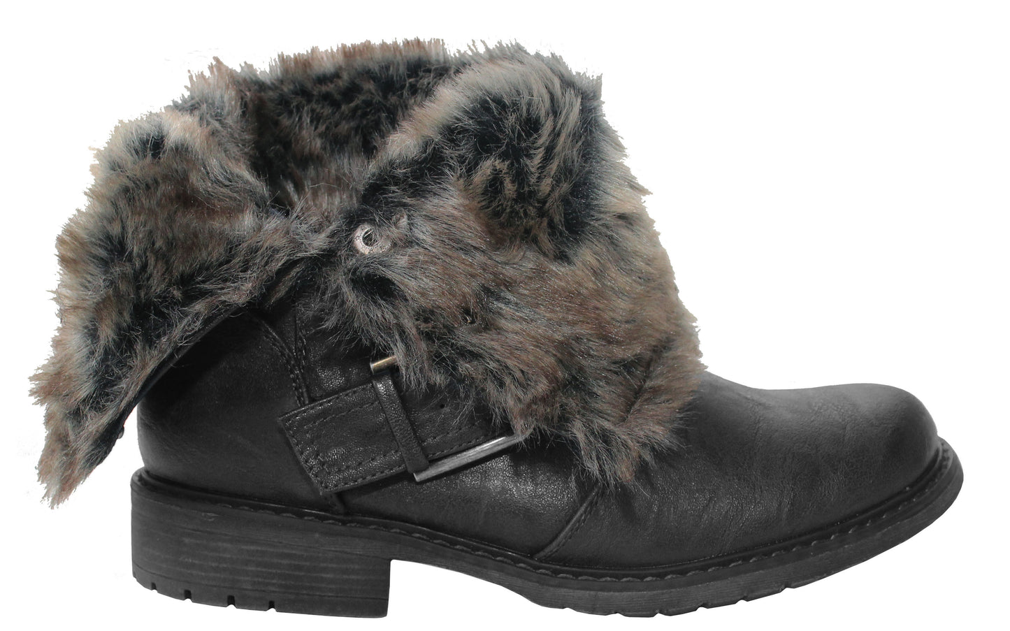 Cipriata Ladies Fold Down Faux Fur Lined Press Stud Buckle Winter Biker Ankle Black Boots