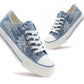 Womens Canvas Sparkly Blue Sequin Trainers Lace Up Glitter Chunky Sole Low Top Platform Baseball Sneakers Ladies Flat Fashion Pumps