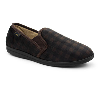 Mens Slippers Check Faux Fur Lined Thermal Slip On Elastic Stretch Gusset House Shoes Cosy Slippers