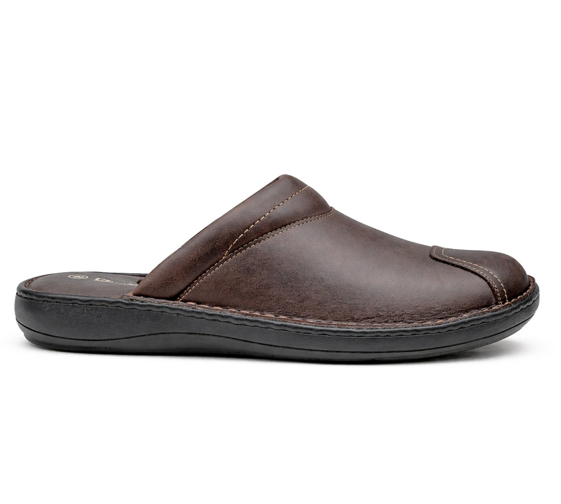 Mens Brown Leather Backless Slippers Gents Slip On Fashion Clogs Indoor House Shoes