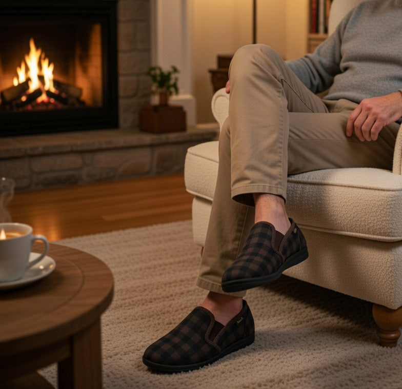 Mens Slippers Check Faux Fur Lined Thermal Slip On Elastic Stretch Gusset House Shoes Cosy Slippers