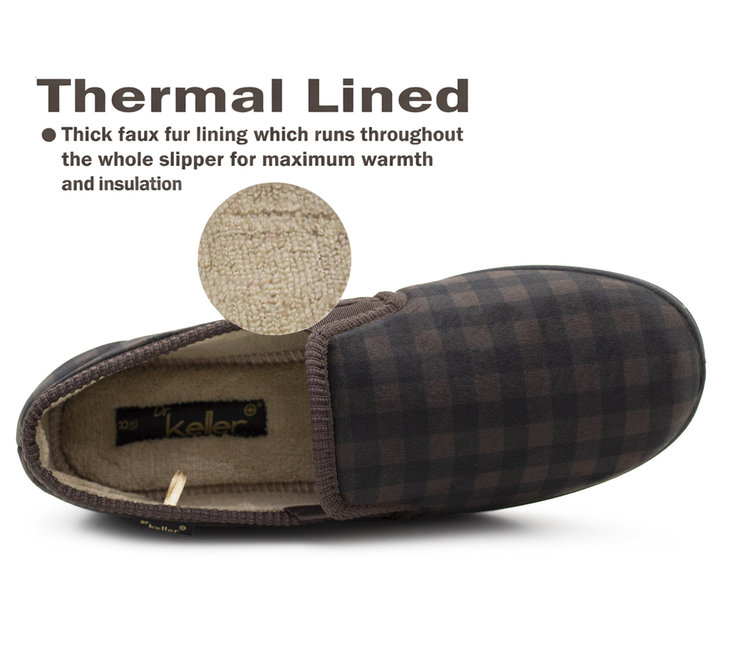 Mens Slippers Check Faux Fur Lined Thermal Slip On Elastic Stretch Gusset House Shoes Cosy Slippers