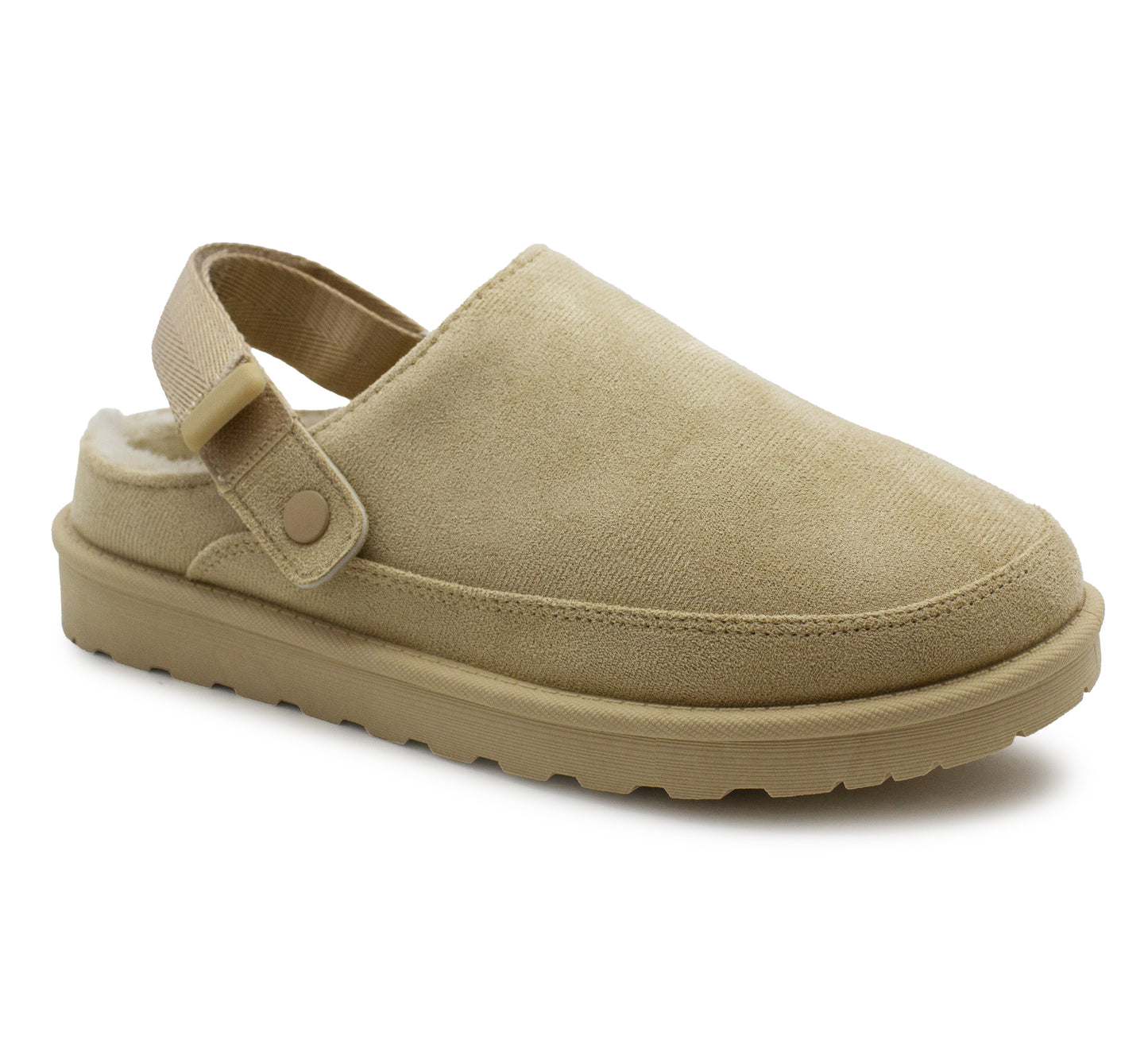 Womens Warm Slippers Beige Faux Suede Fur Lined Clogs Adjustable Strap Slip On Mules Ladies Faux Suede Winter Cosy Indoor House Shoes