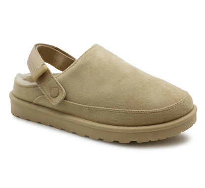 Womens Warm Slippers Beige Faux Suede Fur Lined Clogs Adjustable Strap Slip On Mules Ladies Faux Suede Winter Cosy Indoor House Shoes