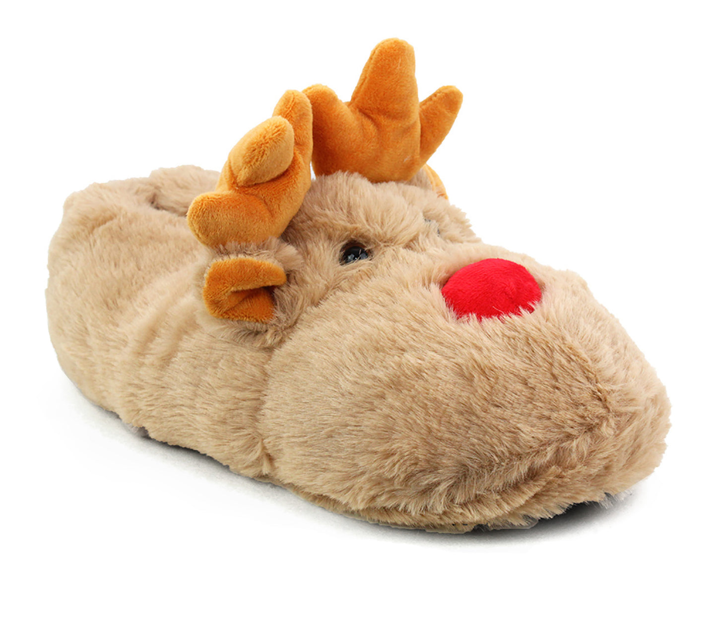 Womens Reindeer Novelty Slippers Character Beige Plush Ladies Festive Fun Christmas Fluffy Animal Slippers