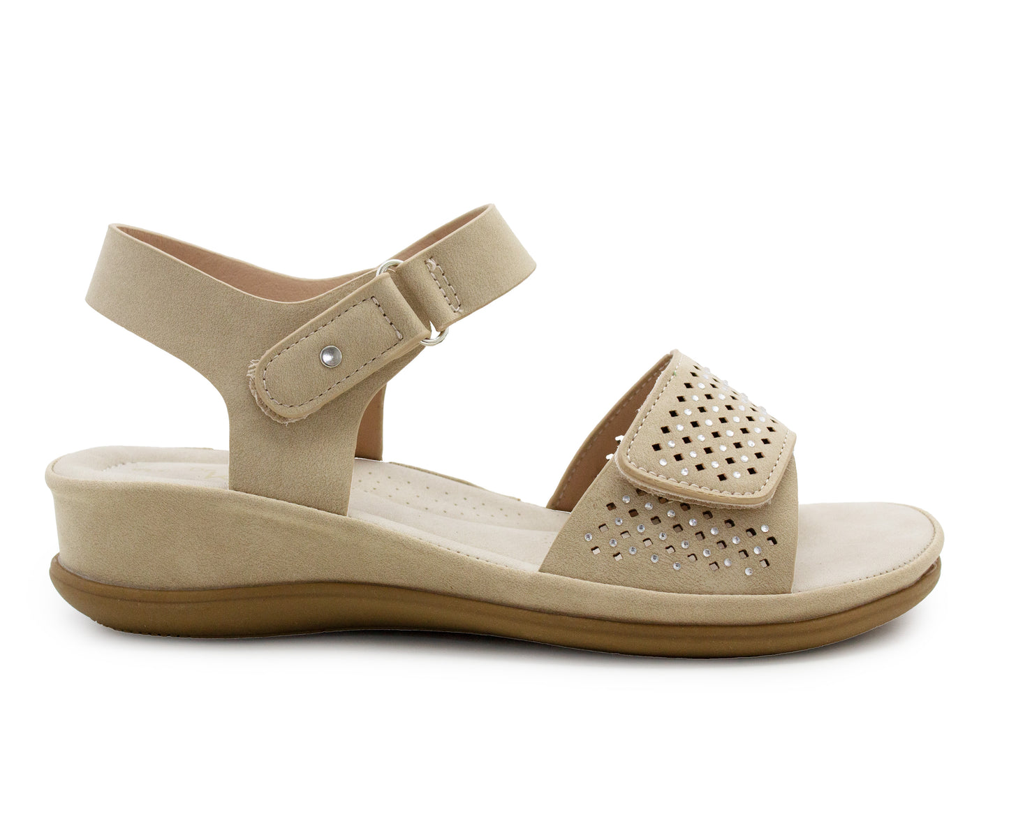 Womens Slingback Sandals Beige Twin Touch Fastening Ladies Low Wedge Heel Open Toe Fashion Summer Sandals