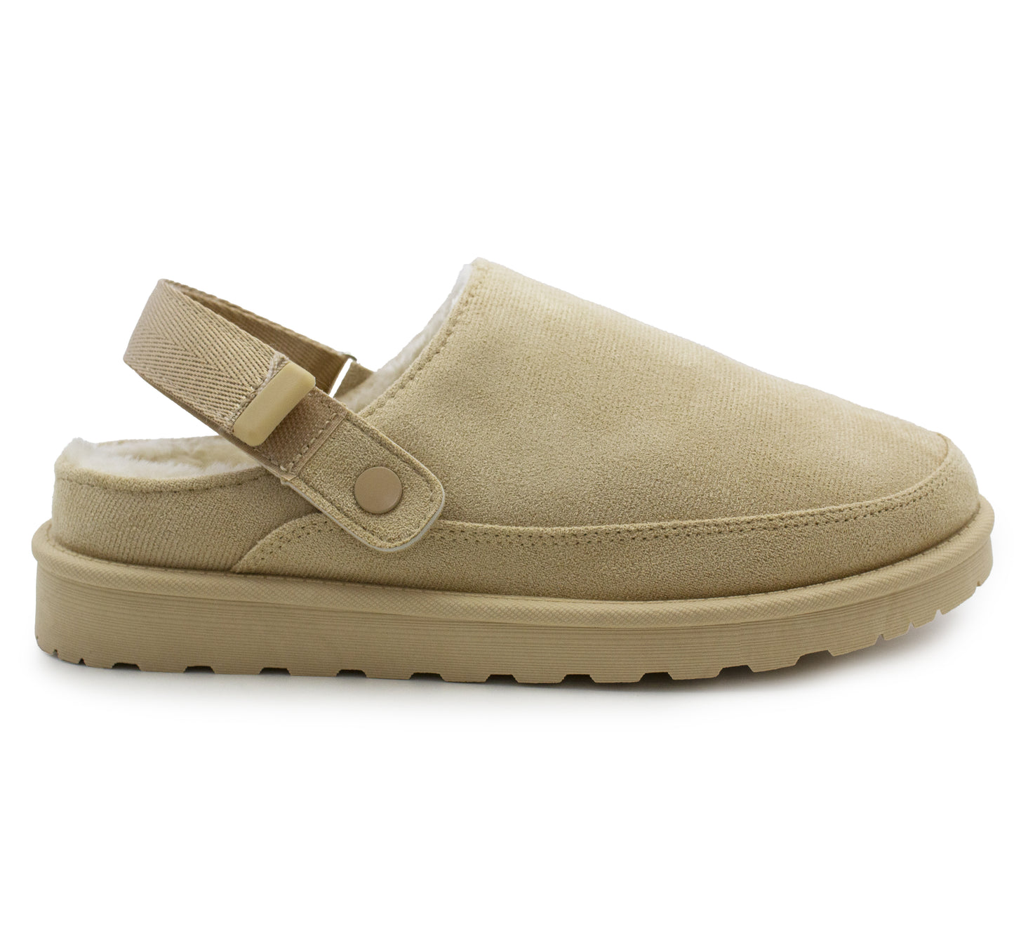 Womens Warm Slippers Beige Faux Suede Fur Lined Clogs Adjustable Strap Slip On Mules Ladies Faux Suede Winter Cosy Indoor House Shoes