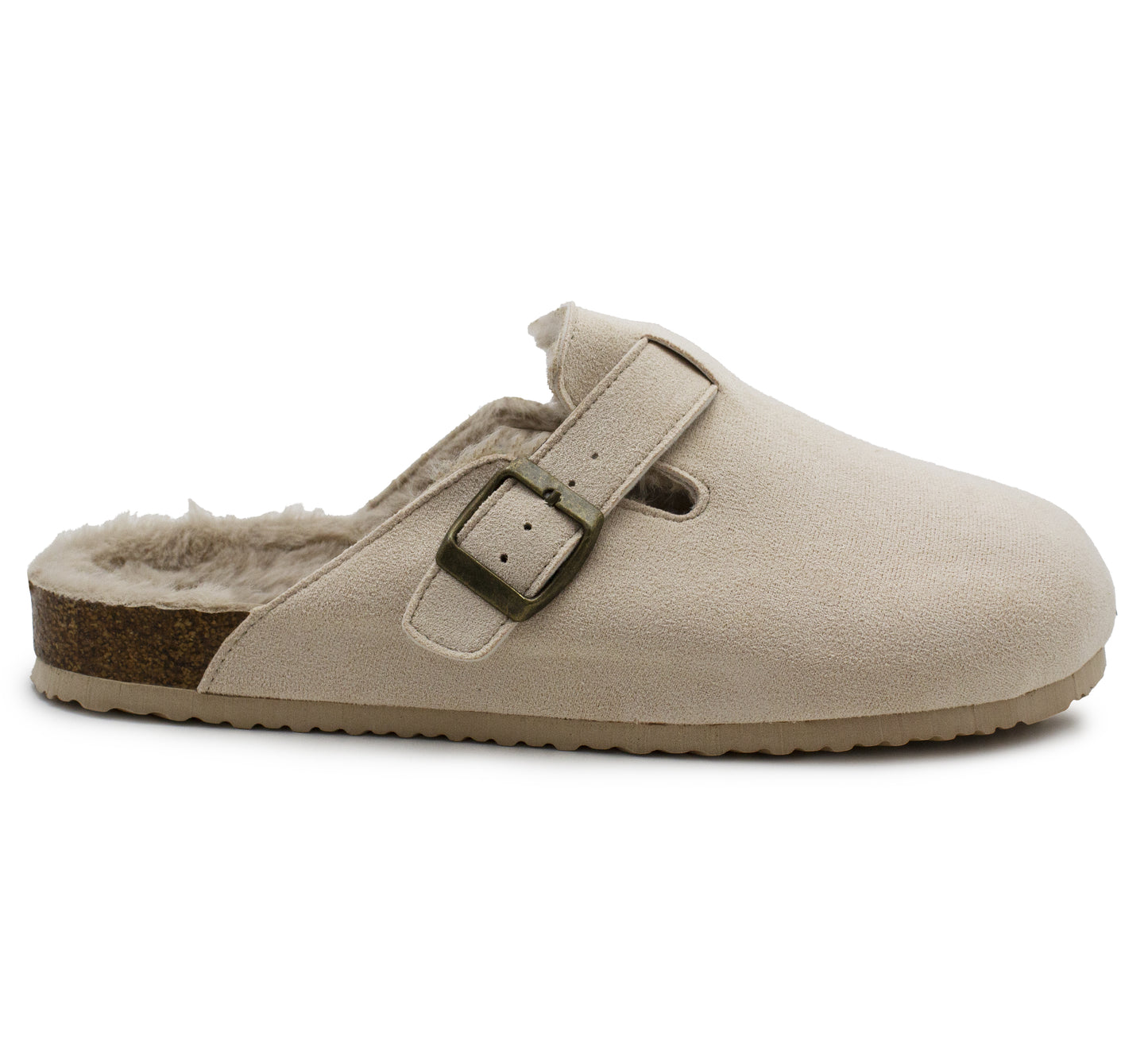 Womens Winter Beige Slippers Faux Fur Lined Suede Clogs Slip On Adjustable Buckle Cork Footbed Backless Mules Ladies Casual Slippers