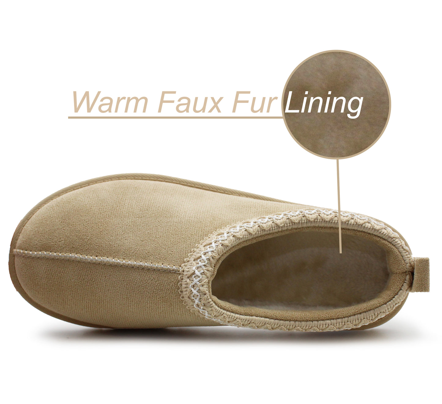 Womens Warm Slippers Beige Faux Suede Fur Lined Slip On Backless Mules Ladies Faux Suede Winter Cosy Indoor House Shoes Sliders