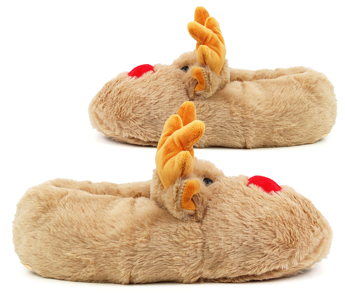 Womens Reindeer Novelty Slippers Character Beige Plush Ladies Festive Fun Christmas Fluffy Animal Slippers