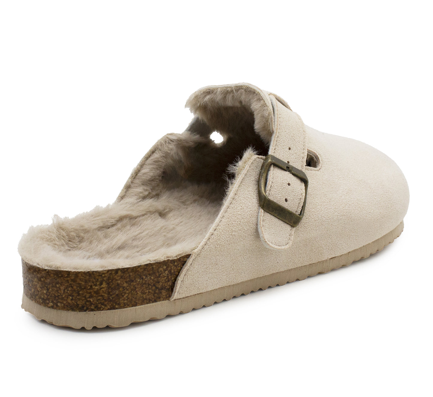 Womens Winter Beige Slippers Faux Fur Lined Suede Clogs Slip On Adjustable Buckle Cork Footbed Backless Mules Ladies Casual Slippers