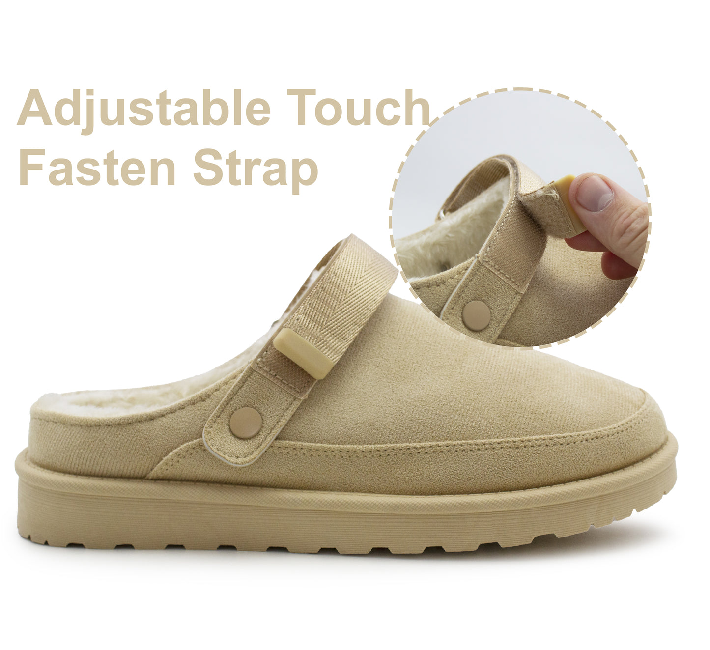 Womens Warm Slippers Beige Faux Suede Fur Lined Clogs Adjustable Strap Slip On Mules Ladies Faux Suede Winter Cosy Indoor House Shoes