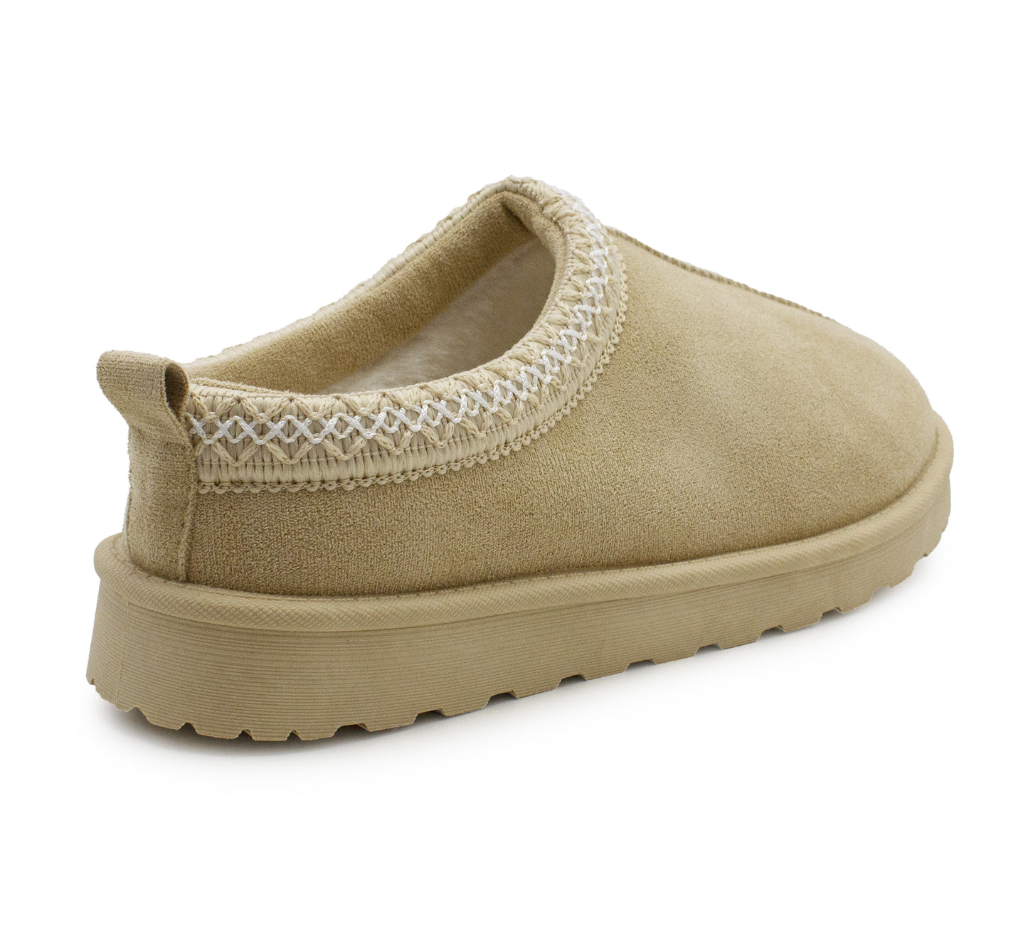 Womens Warm Slippers Beige Faux Suede Fur Lined Slip On Backless Mules Ladies Faux Suede Winter Cosy Indoor House Shoes Sliders