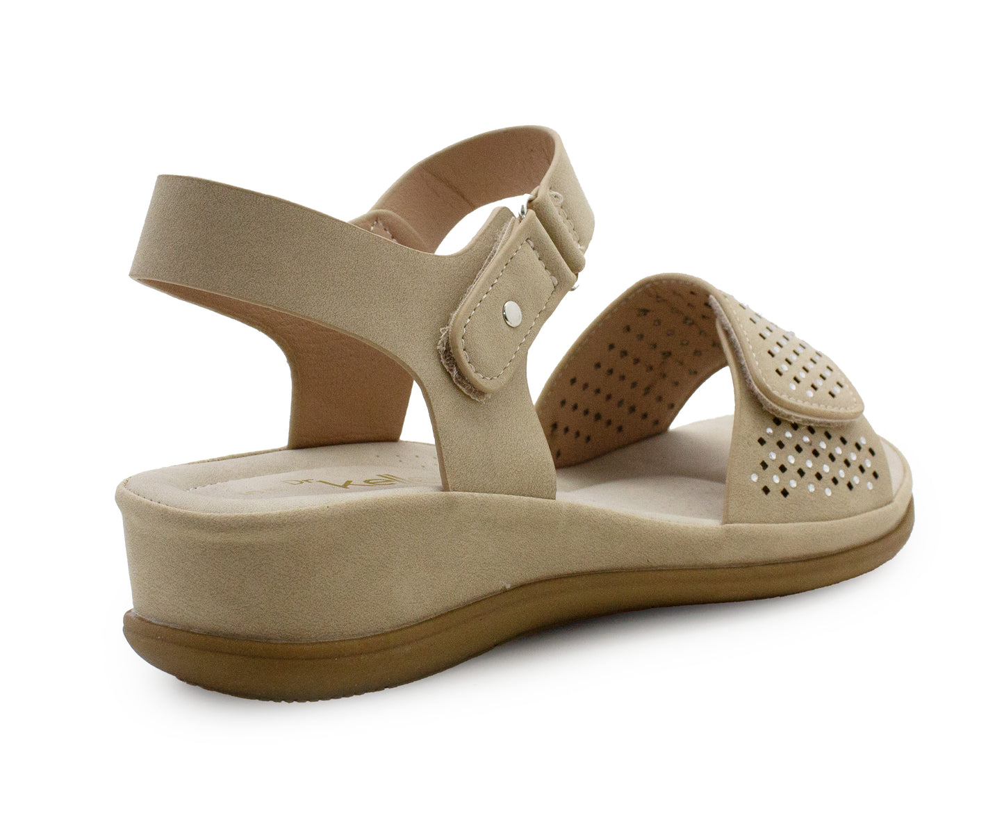 Womens Slingback Sandals Beige Twin Touch Fastening Ladies Low Wedge Heel Open Toe Fashion Summer Sandals