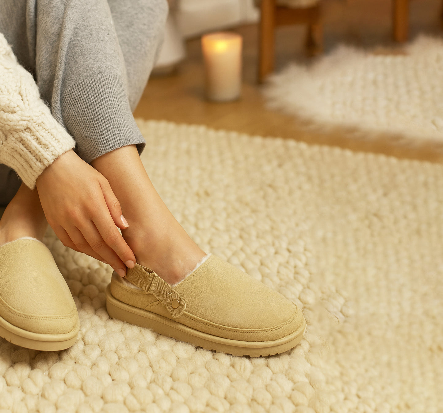 Womens Warm Slippers Beige Faux Suede Fur Lined Clogs Adjustable Strap Slip On Mules Ladies Faux Suede Winter Cosy Indoor House Shoes
