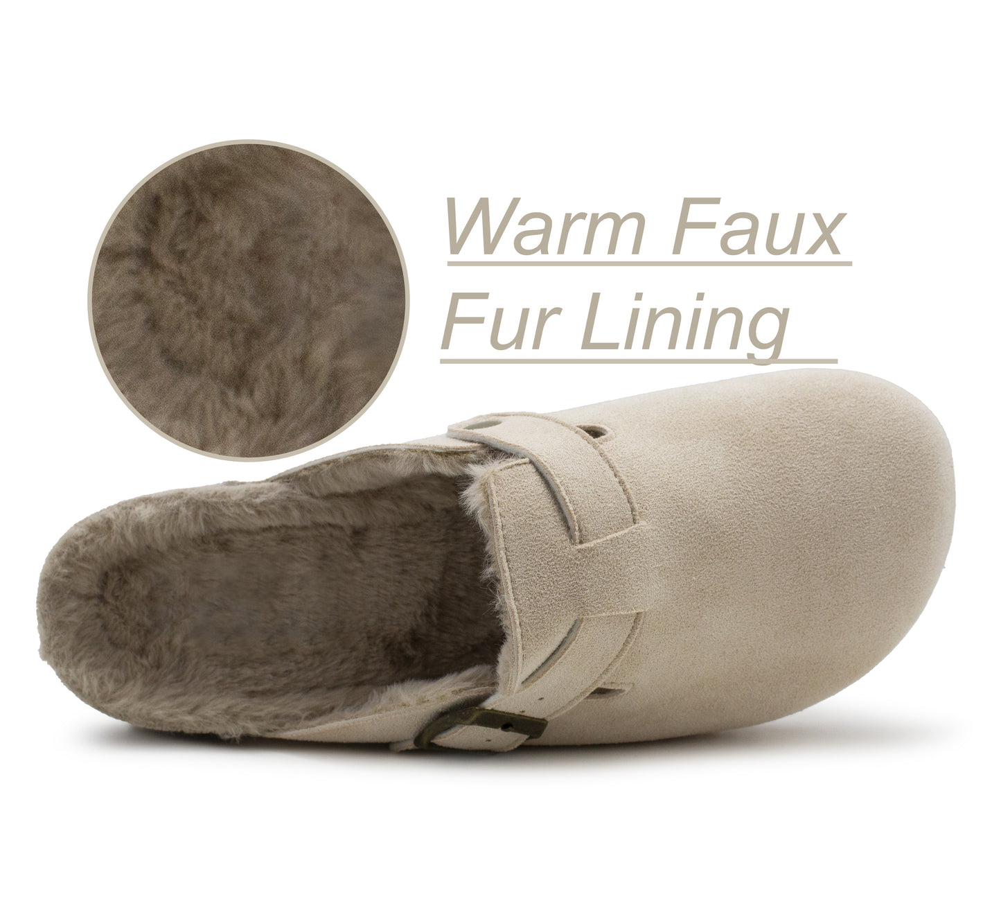 Womens Winter Beige Slippers Faux Fur Lined Suede Clogs Slip On Adjustable Buckle Cork Footbed Backless Mules Ladies Casual Slippers