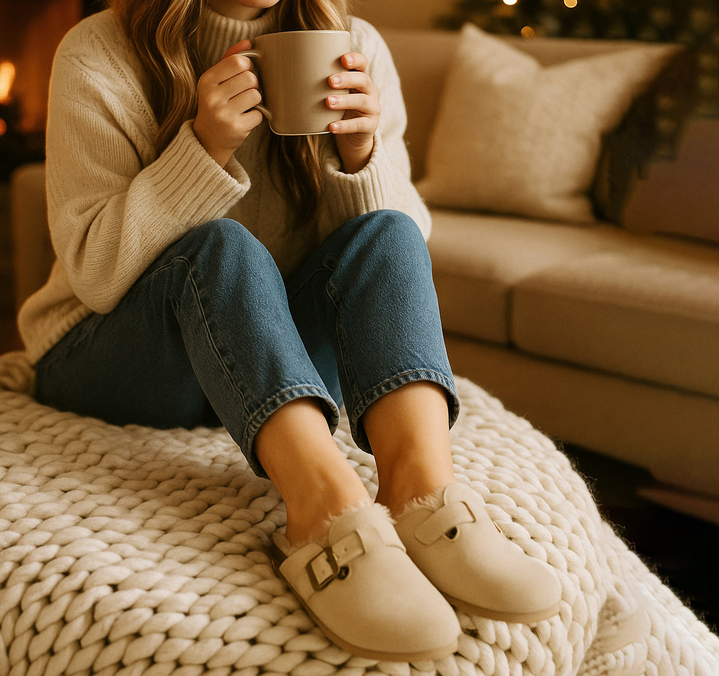 Womens Winter Beige Slippers Faux Fur Lined Suede Clogs Slip On Adjustable Buckle Cork Footbed Backless Mules Ladies Casual Slippers