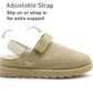 Womens Warm Slippers Beige Faux Suede Fur Lined Clogs Adjustable Strap Slip On Mules Ladies Faux Suede Winter Cosy Indoor House Shoes