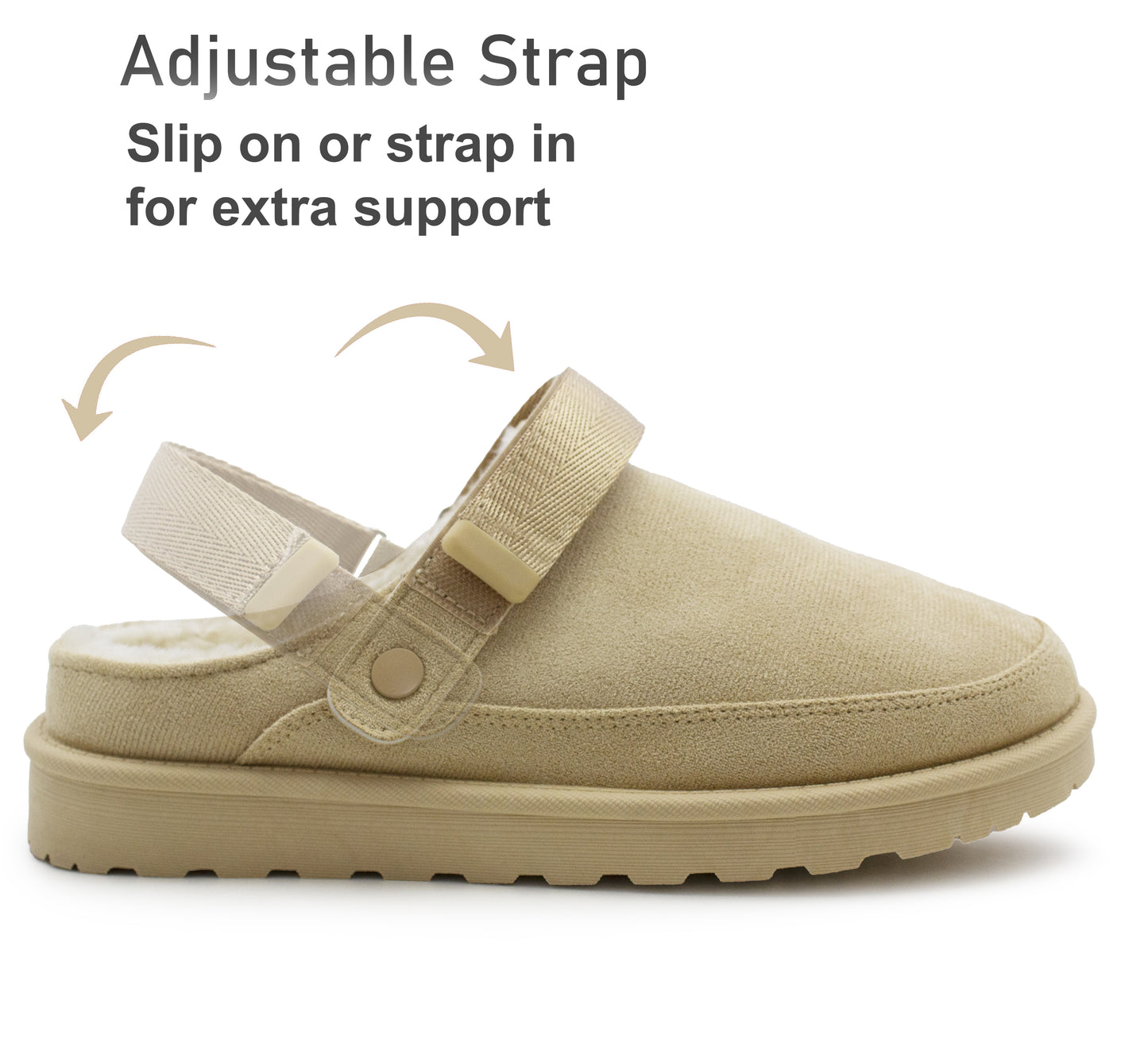 Womens Warm Slippers Beige Faux Suede Fur Lined Clogs Adjustable Strap Slip On Mules Ladies Faux Suede Winter Cosy Indoor House Shoes