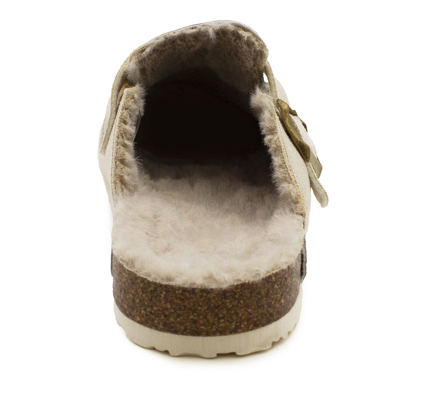 Womens Winter Beige Slippers Faux Fur Lined Suede Clogs Slip On Adjustable Buckle Cork Footbed Backless Mules Ladies Casual Slippers