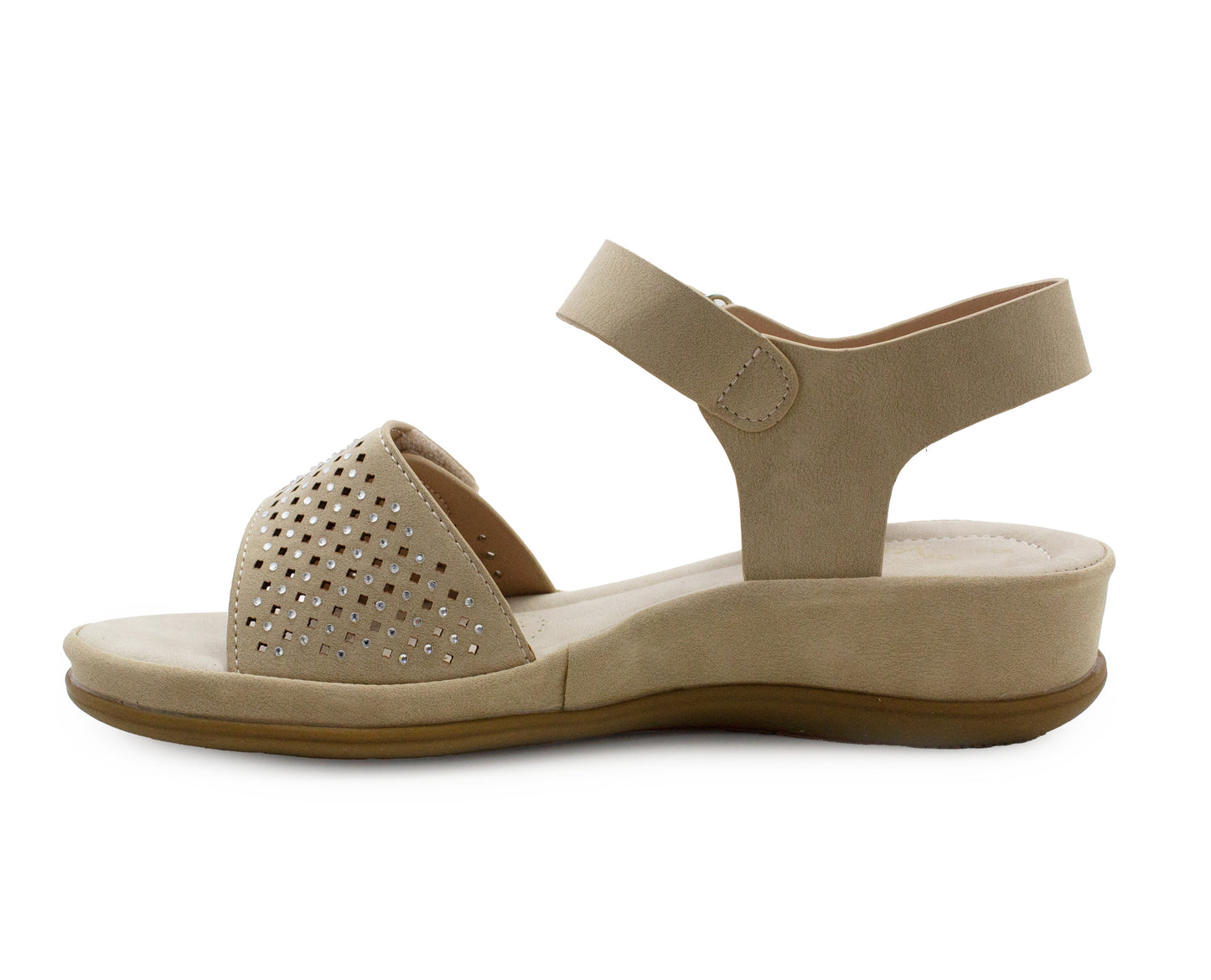 Womens Slingback Sandals Beige Twin Touch Fastening Ladies Low Wedge Heel Open Toe Fashion Summer Sandals