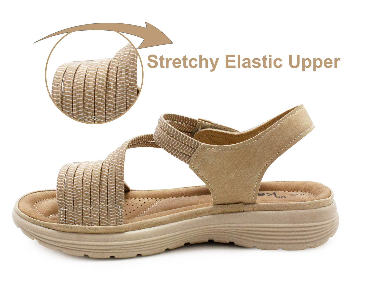 Womens Touch Fasten Sandals Lightweight Low Wedge Flat Slip On Open Toe Elastic Slingbacks Ladies Summer Casual Fashion Sandals Beige