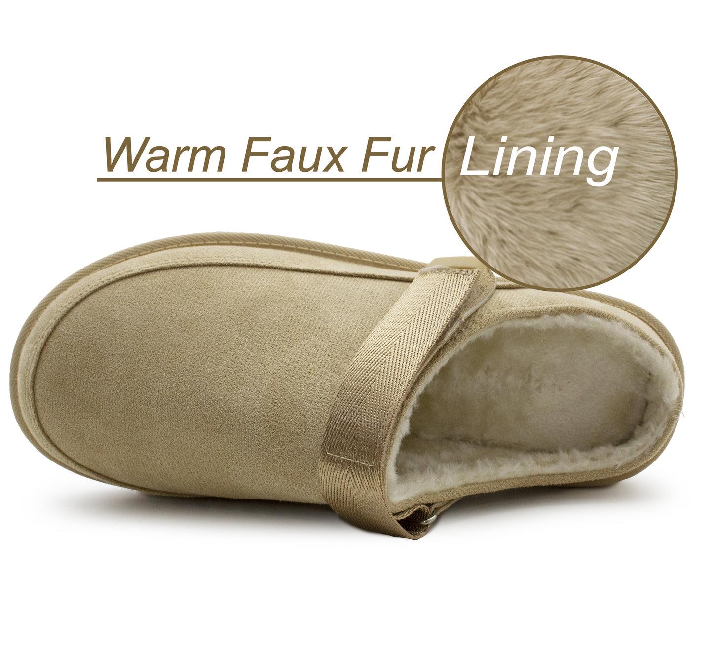 Womens Warm Slippers Beige Faux Suede Fur Lined Clogs Adjustable Strap Slip On Mules Ladies Faux Suede Winter Cosy Indoor House Shoes