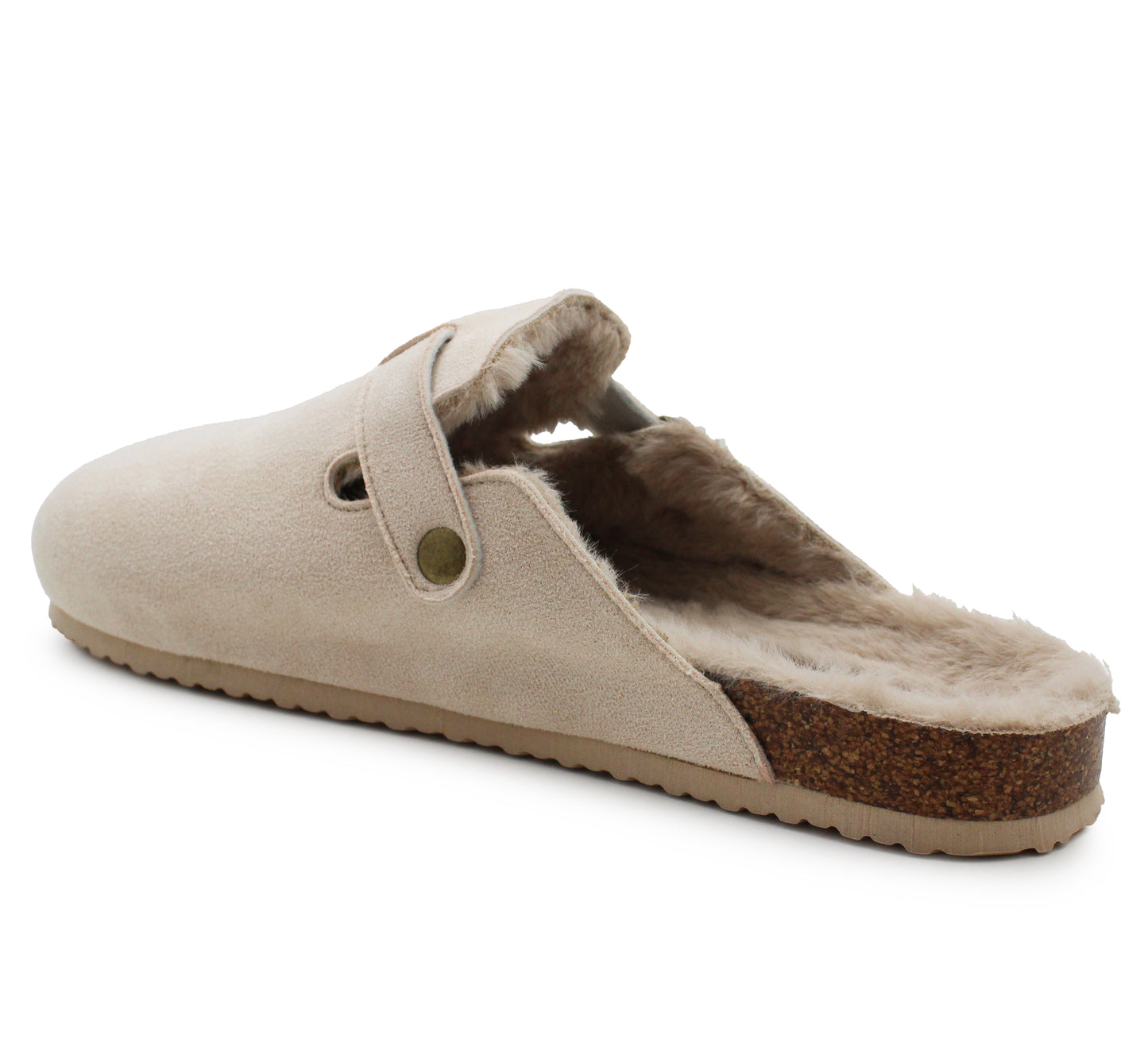 Womens Winter Beige Slippers Faux Fur Lined Suede Clogs Slip On Adjustable Buckle Cork Footbed Backless Mules Ladies Casual Slippers