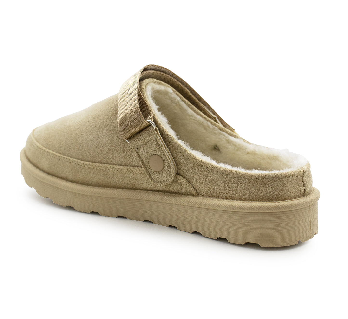 Womens Warm Slippers Beige Faux Suede Fur Lined Clogs Adjustable Strap Slip On Mules Ladies Faux Suede Winter Cosy Indoor House Shoes