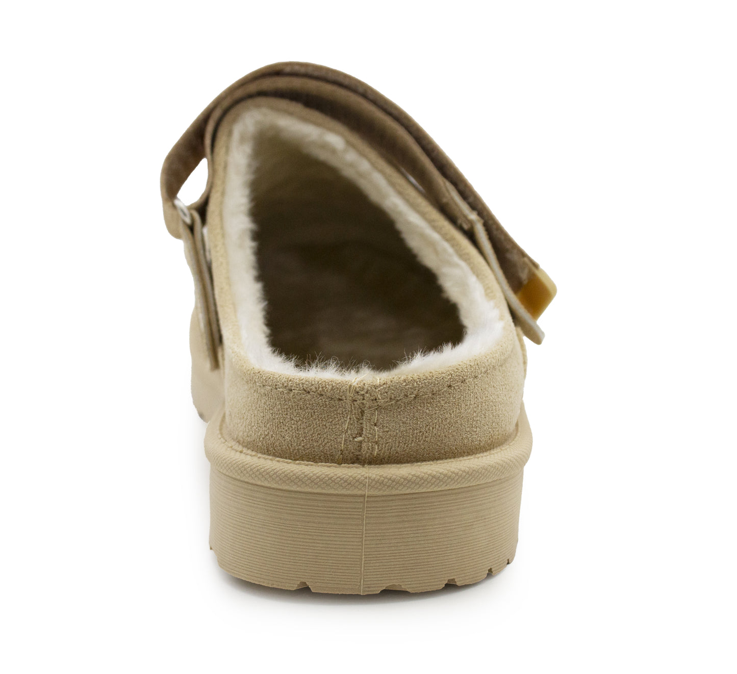 Womens Warm Slippers Beige Faux Suede Fur Lined Clogs Adjustable Strap Slip On Mules Ladies Faux Suede Winter Cosy Indoor House Shoes