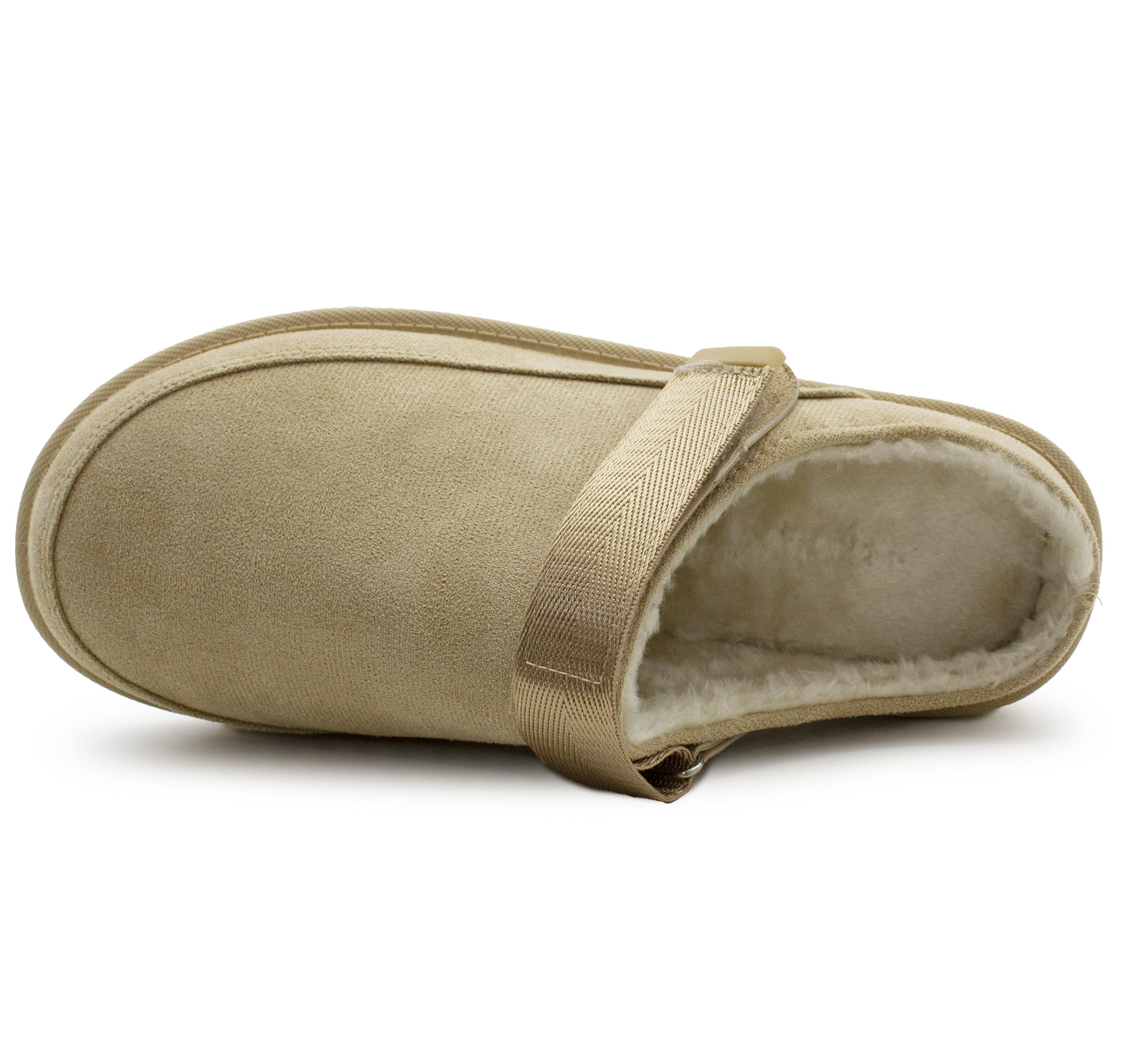 Womens Warm Slippers Beige Faux Suede Fur Lined Clogs Adjustable Strap Slip On Mules Ladies Faux Suede Winter Cosy Indoor House Shoes