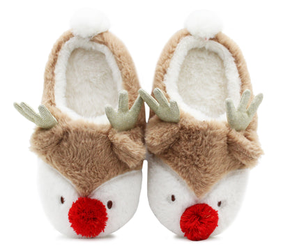 Womens Reindeer Beige Novelty Slippers Character Plush Festive Fun