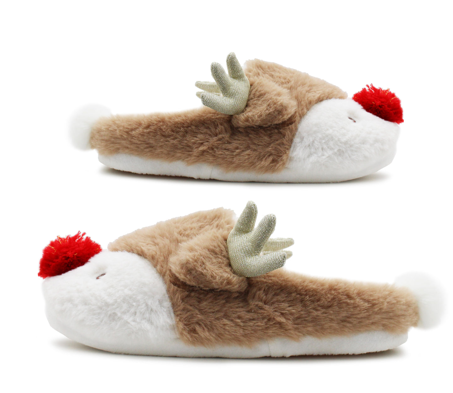 Womens Reindeer Beige Novelty Slippers Character Plush Festive Fun Christmas Slipper Mules