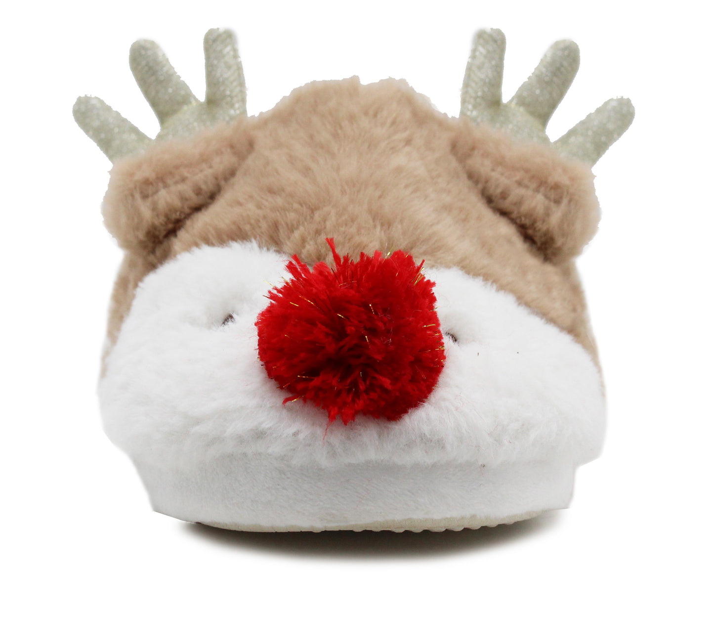 Womens Reindeer Beige Novelty Slippers Character Plush Festive Fun Christmas Slipper Mules