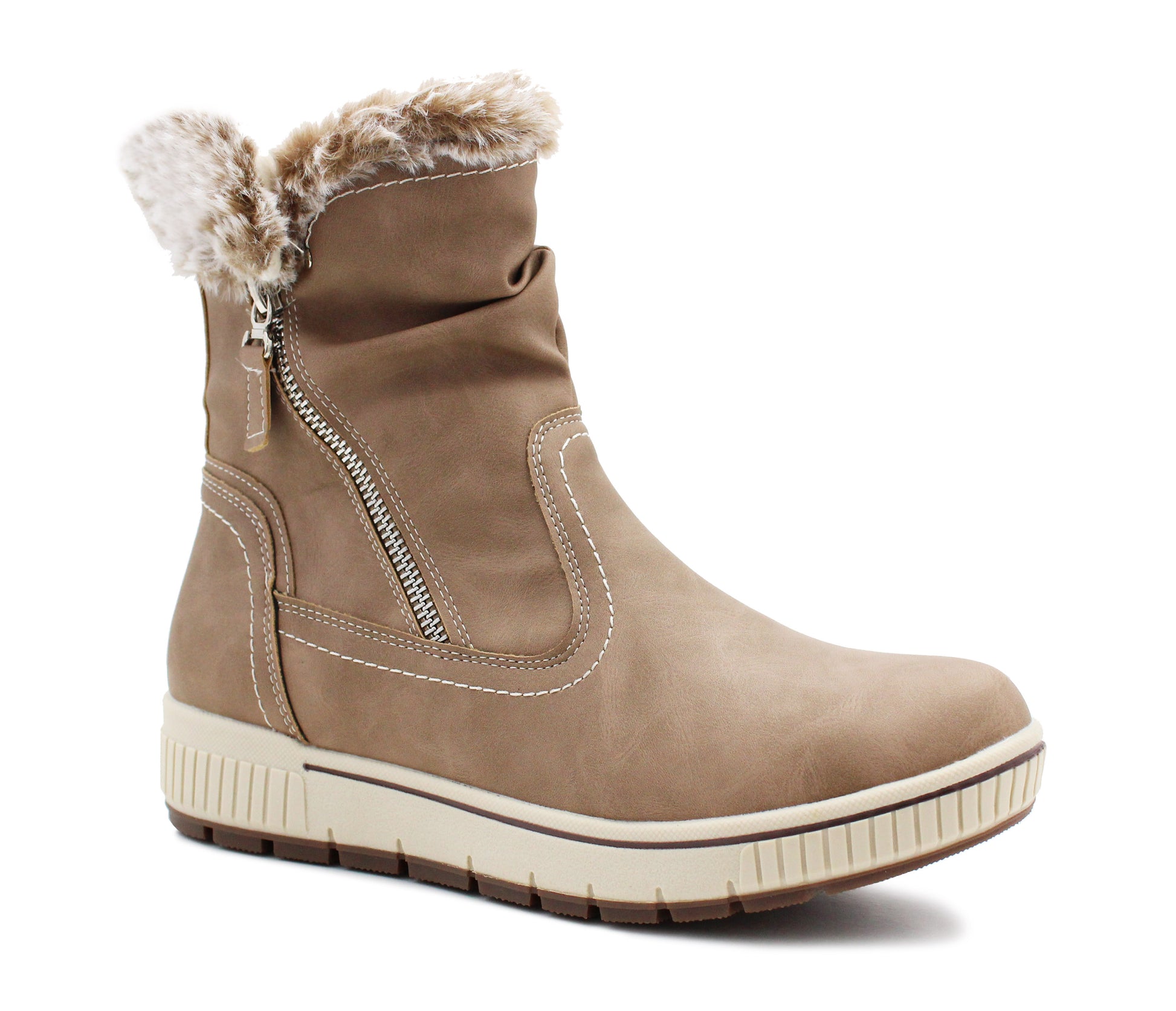 Womens Fur Lined Winter Boots Beige Zip Up Mid Calf Thermal Warm Lining Ladies Snow Boots