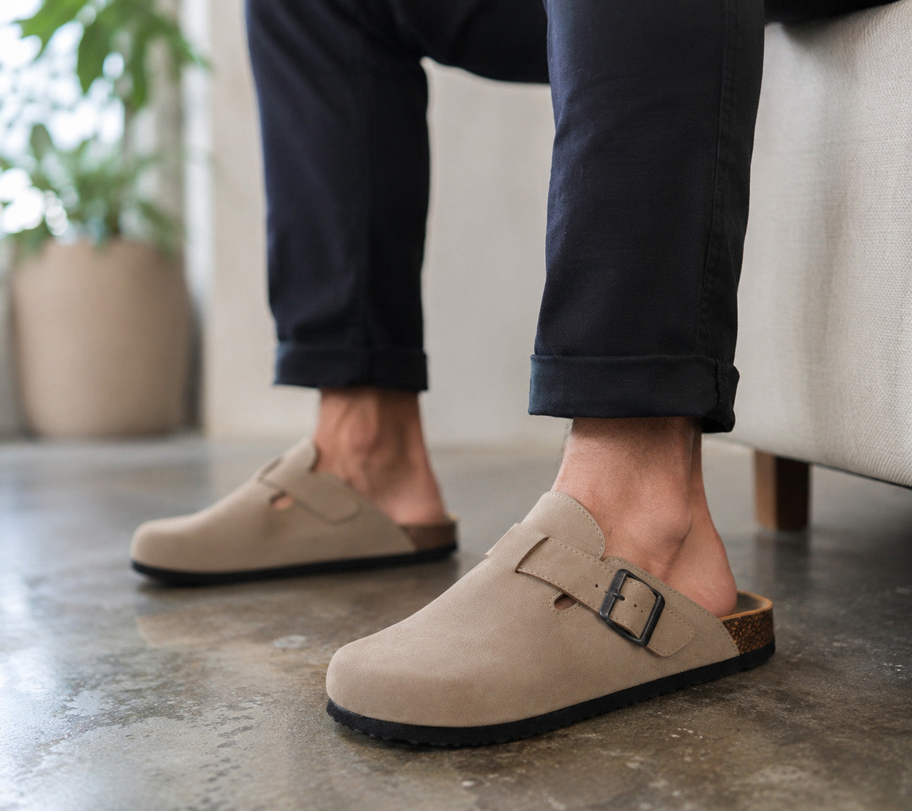 Mens Faux Suede Clogs Slip On Backless Cork Sole Arch Support Casual Slippers