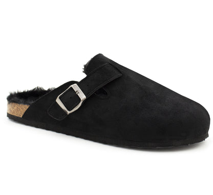 Mens Winter Slippers Faux Fur Lined Suede Clogs Slip On Adjustable Buckle Cork Footbed Backless Mules Houseshoes Slippers
