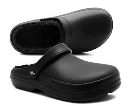 Mens Clogs Warm Fleece Lined Black Thermal Garden Clogs Waterproof Lightweight EVA Adjustable Faux Fur Slippers Hospital House Shoes