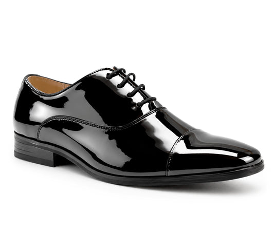 Mens Smart Formal Black Patent Shine Oxford Cap Toe Derby Dress Shoe